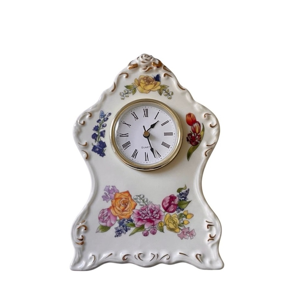 Vintage Floral Porcelain Mantel Clock Quartz Table Desk Gold Trim Cottagecore